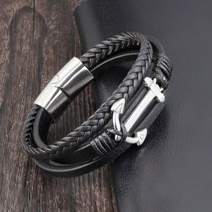 Genuine Leather Mens Bracelet 21cm Steel Clasp